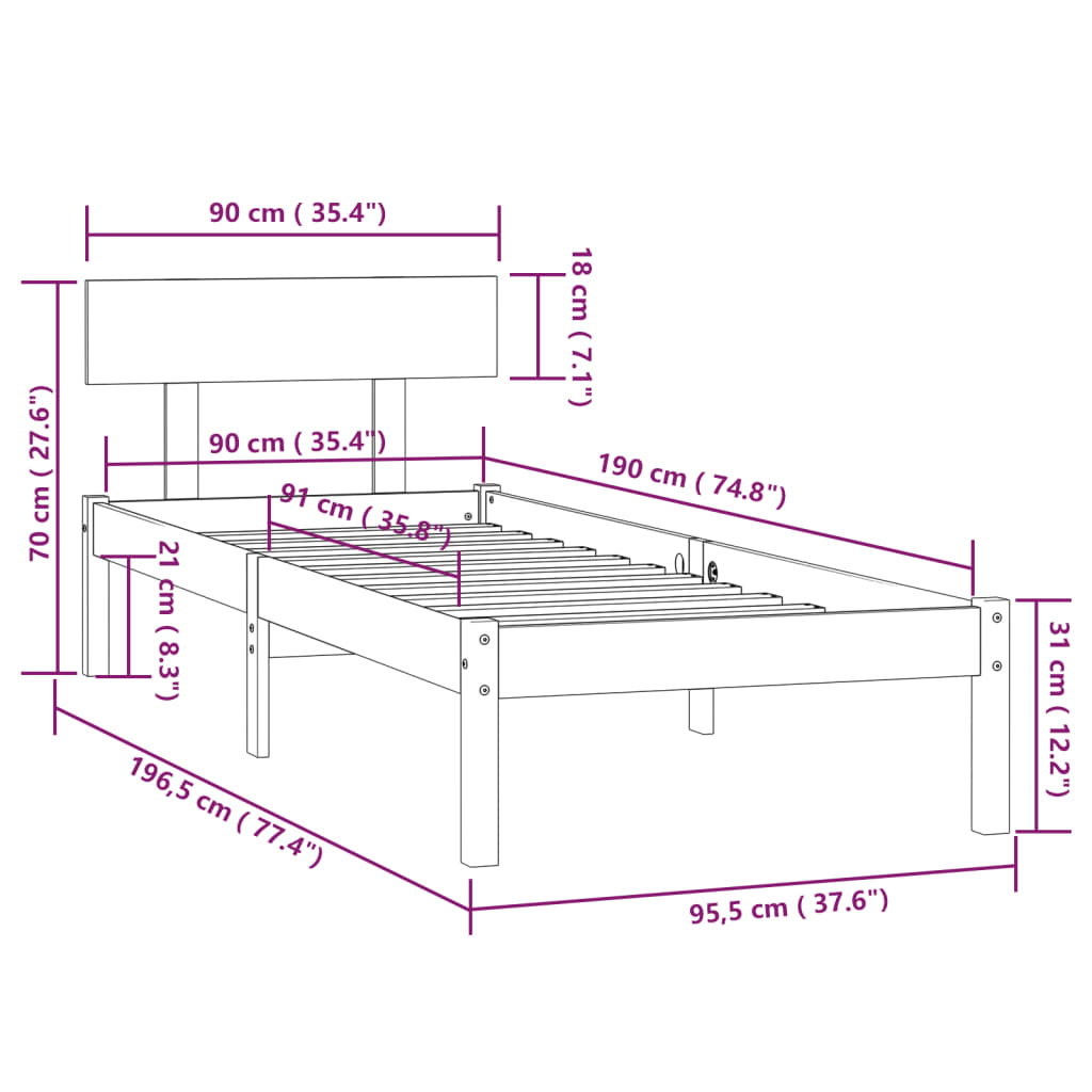 sengeramme 90x190 cm Single massivt fyrretræ hvid