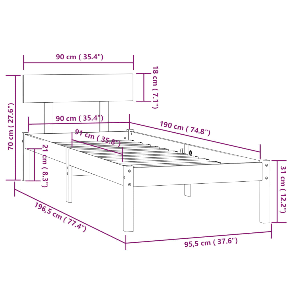 sengestel 90x190 cm Single massivt fyrretræ gyldenbrun