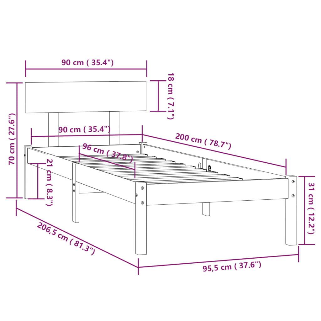 sengestel 90x200 cm massivt fyrretræ hvid