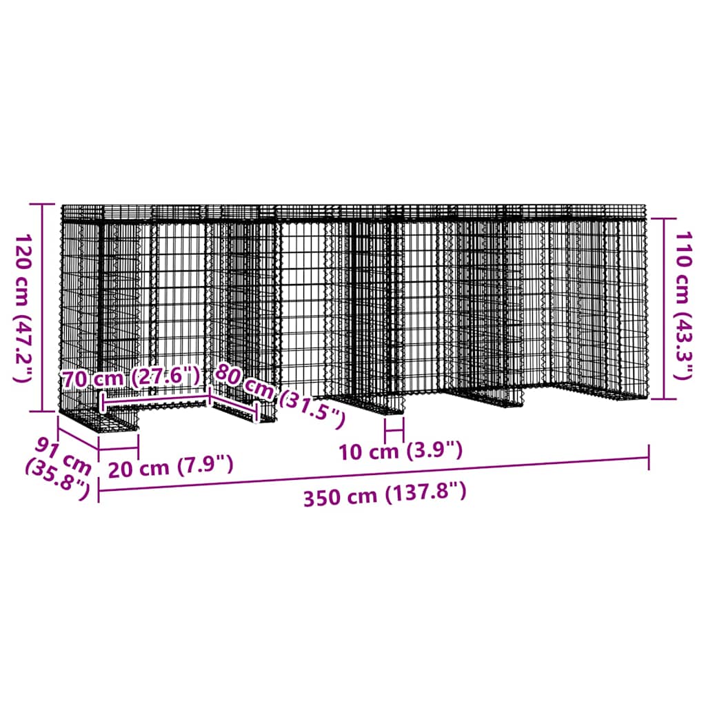 gabionvæg til skraldespand 350x91x120 cm galvaniseret jern