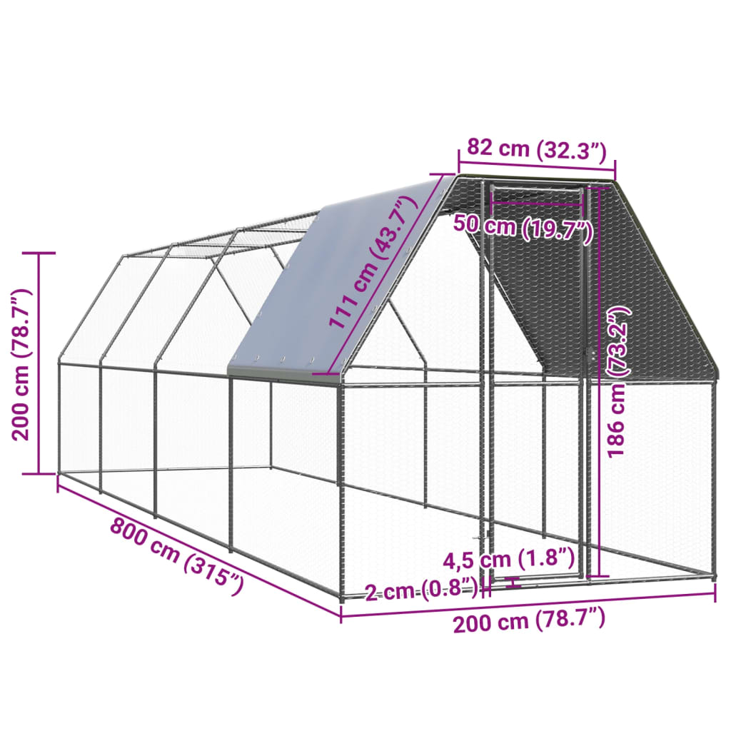 udendørs hønsegård 2x8x2 m galvaniseret stål