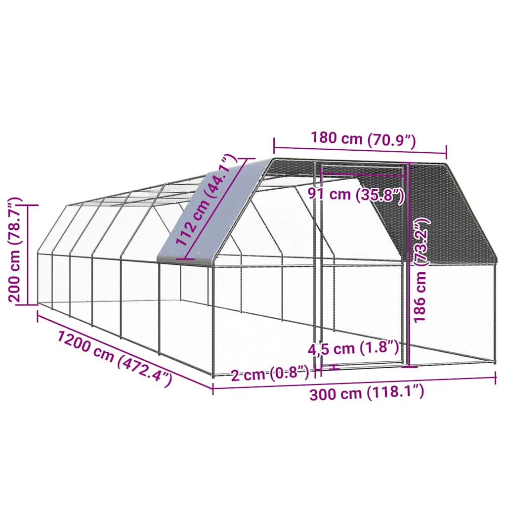 udendørs hønsegård 3x12x2 m galvaniseret stål
