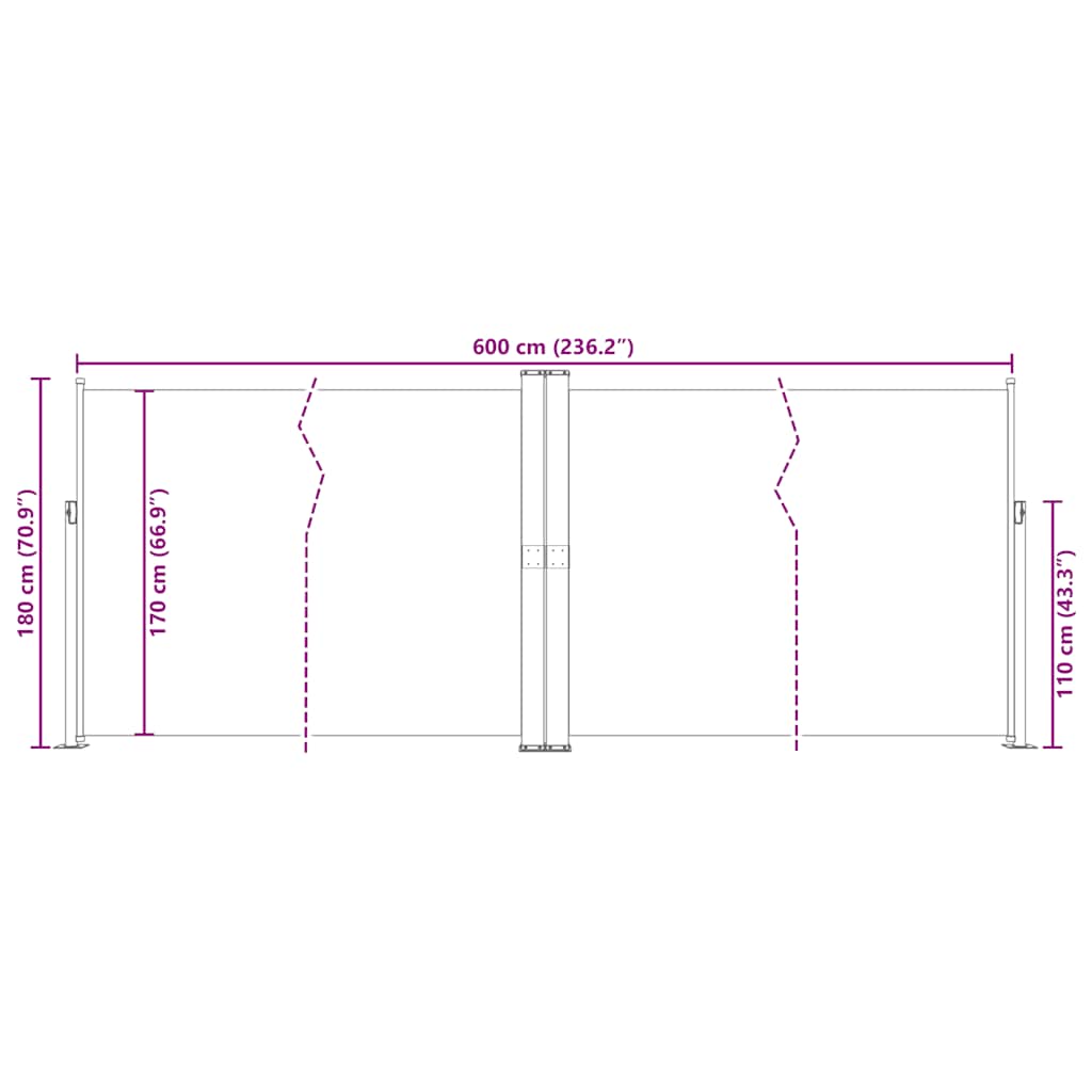 sammenrullelig sidemarkise 180x600 cm sort