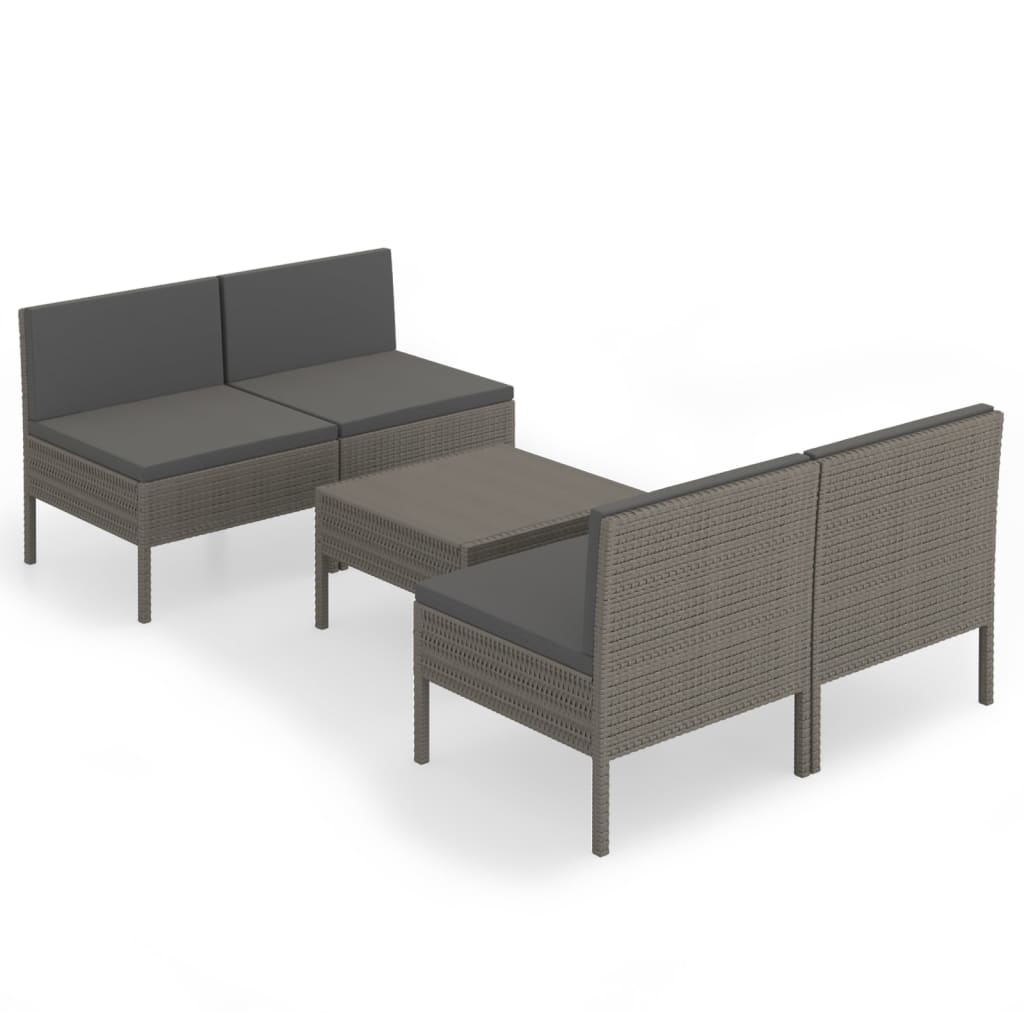 loungesæt til haven 5 dele med hynder polyrattan grå
