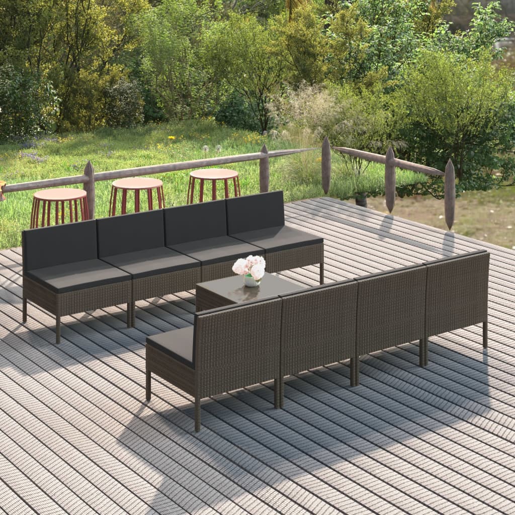 loungesæt til haven 9 dele med hynder polyrattan grå