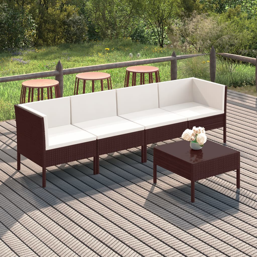 loungesæt til haven 5 dele med hynder polyrattan brun