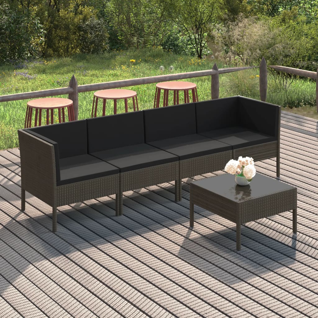 loungesæt til haven 5 dele med hynder polyrattan grå