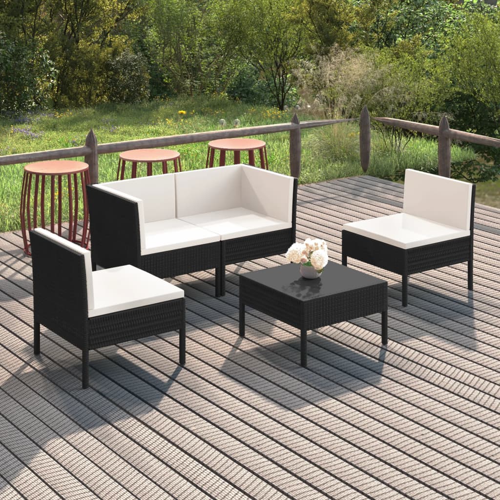 loungesæt til haven 5 dele med hynder polyrattan sort