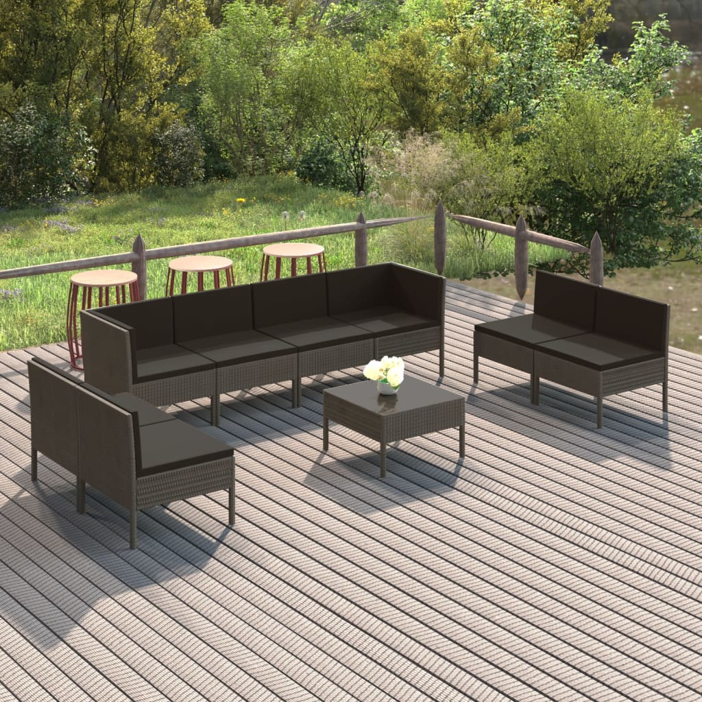 loungesæt til haven 9 dele med hynder polyrattan grå