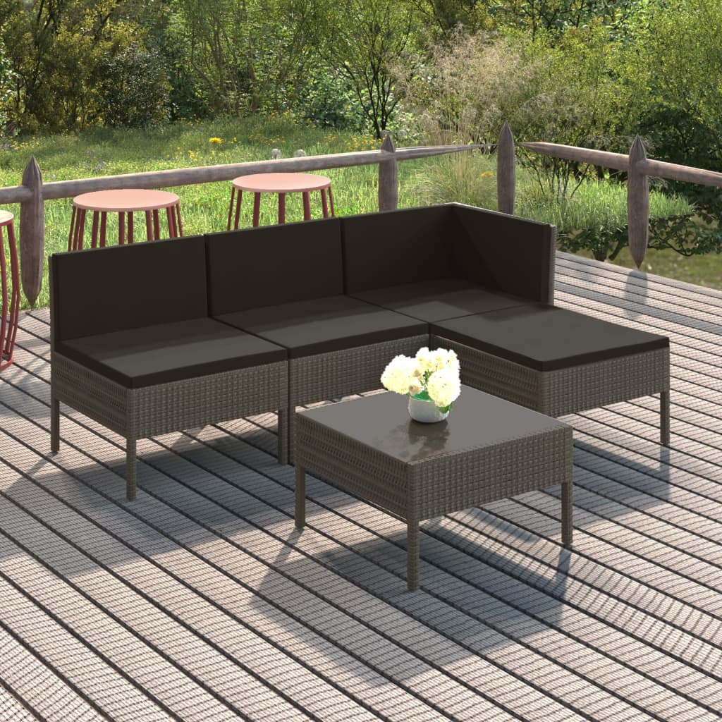 loungesæt til haven 5 dele med hynder polyrattan grå