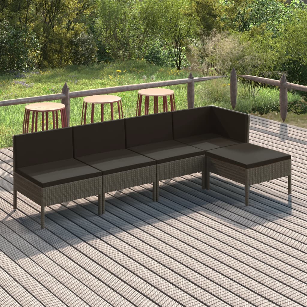 loungesæt til haven 5 dele med hynder polyrattan grå