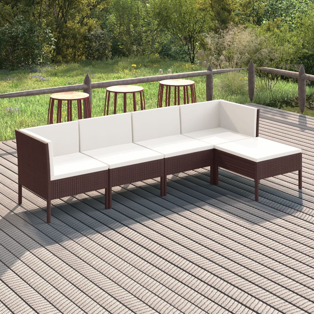 loungesæt til haven 5 dele med hynder polyrattan brun