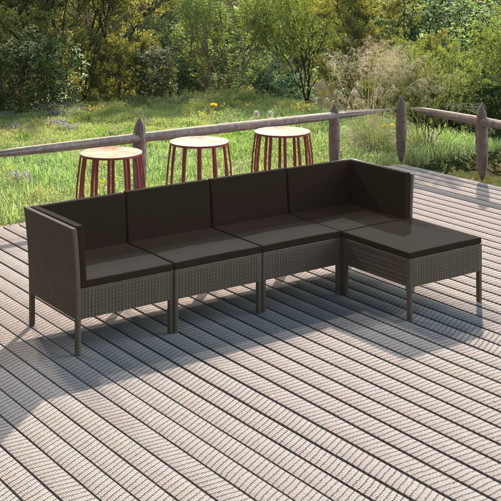 loungesæt til haven 5 dele med hynder polyrattan grå