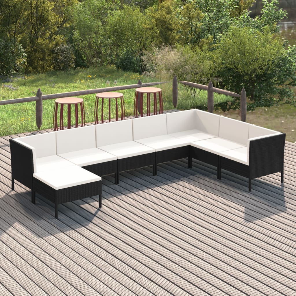 loungesæt til haven 8 dele med hynder polyrattan sort