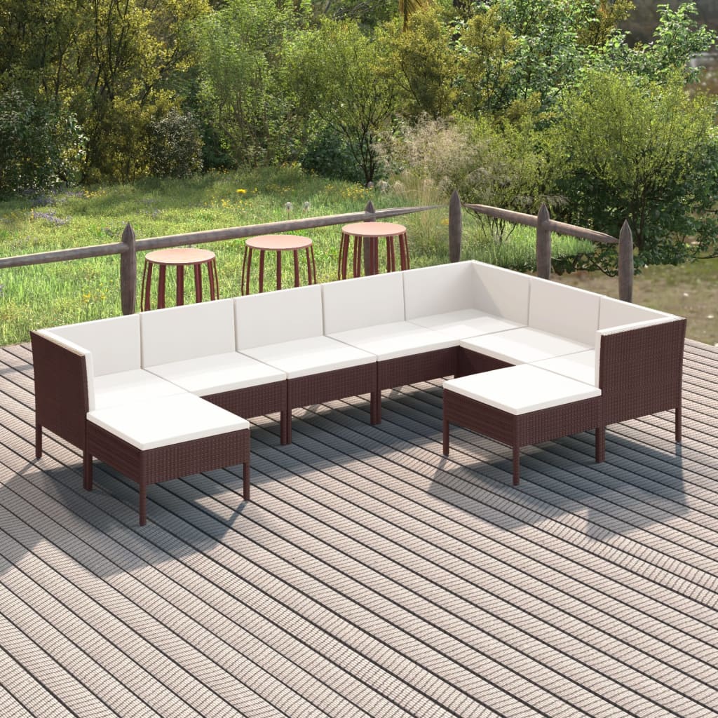 loungesæt til haven 9 dele med hynder polyrattan brun