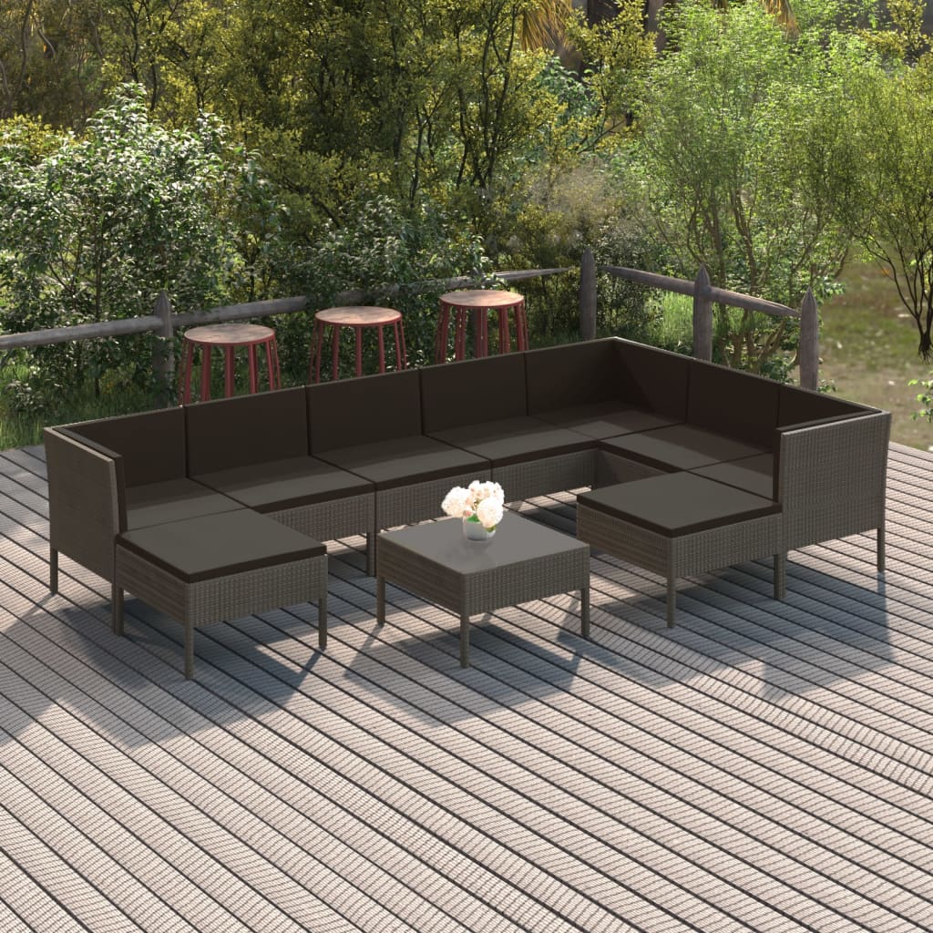 loungesæt til haven 10 dele med hynder polyrattan grå