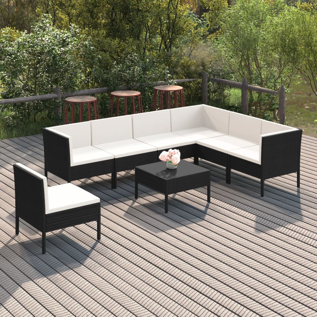 loungesæt til haven 8 dele med hynder polyrattan sort