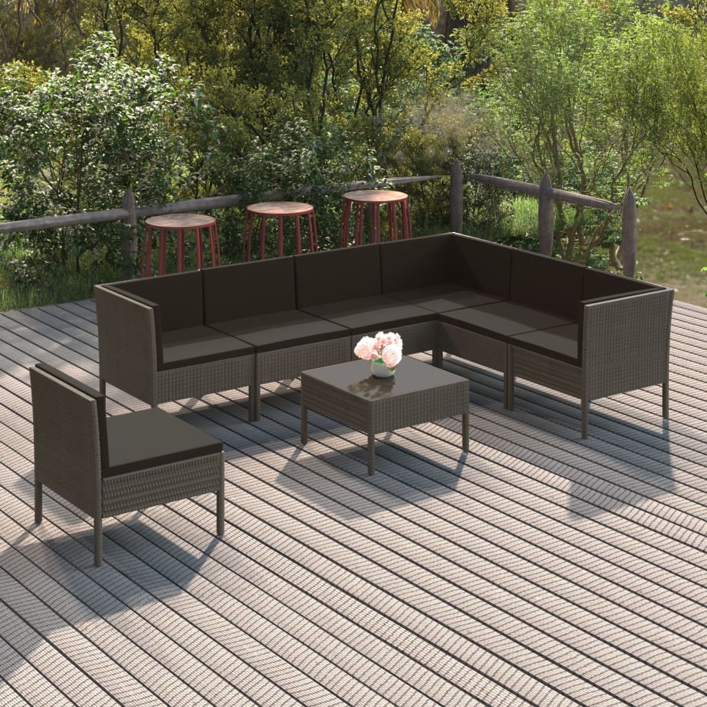 loungesæt til haven 8 dele med hynder polyrattan grå