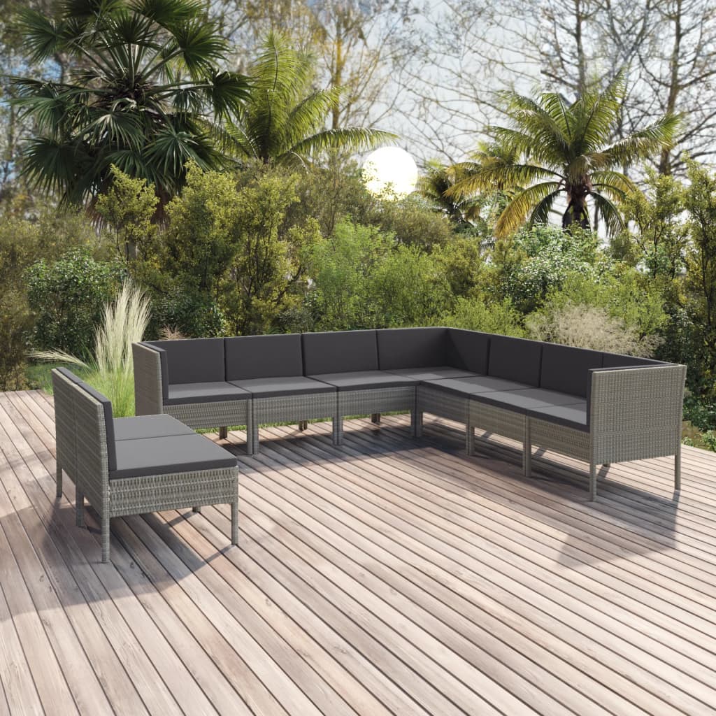 loungesæt til haven 9 dele med hynder polyrattan grå