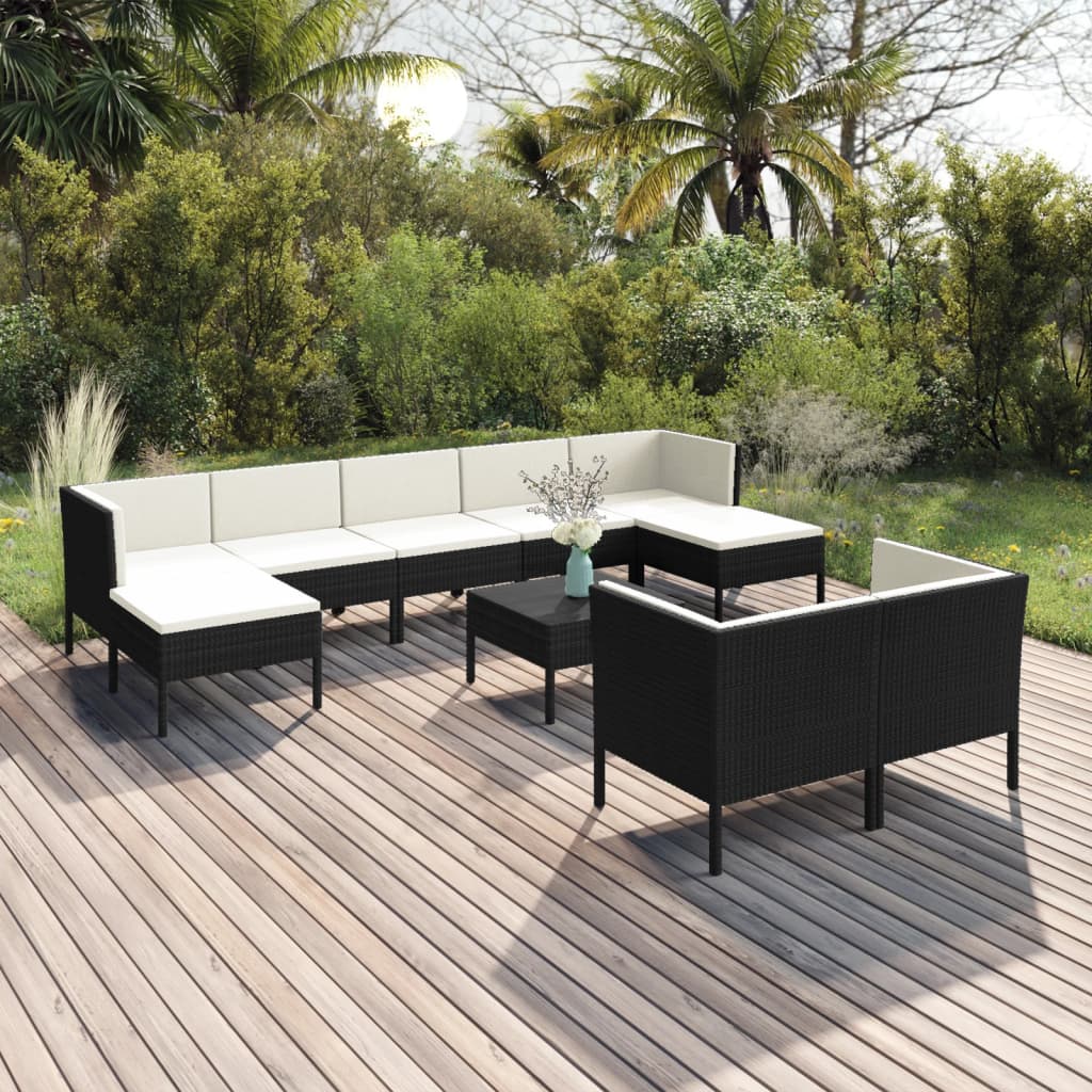 loungesæt til haven 10 dele med hynder polyrattan sort