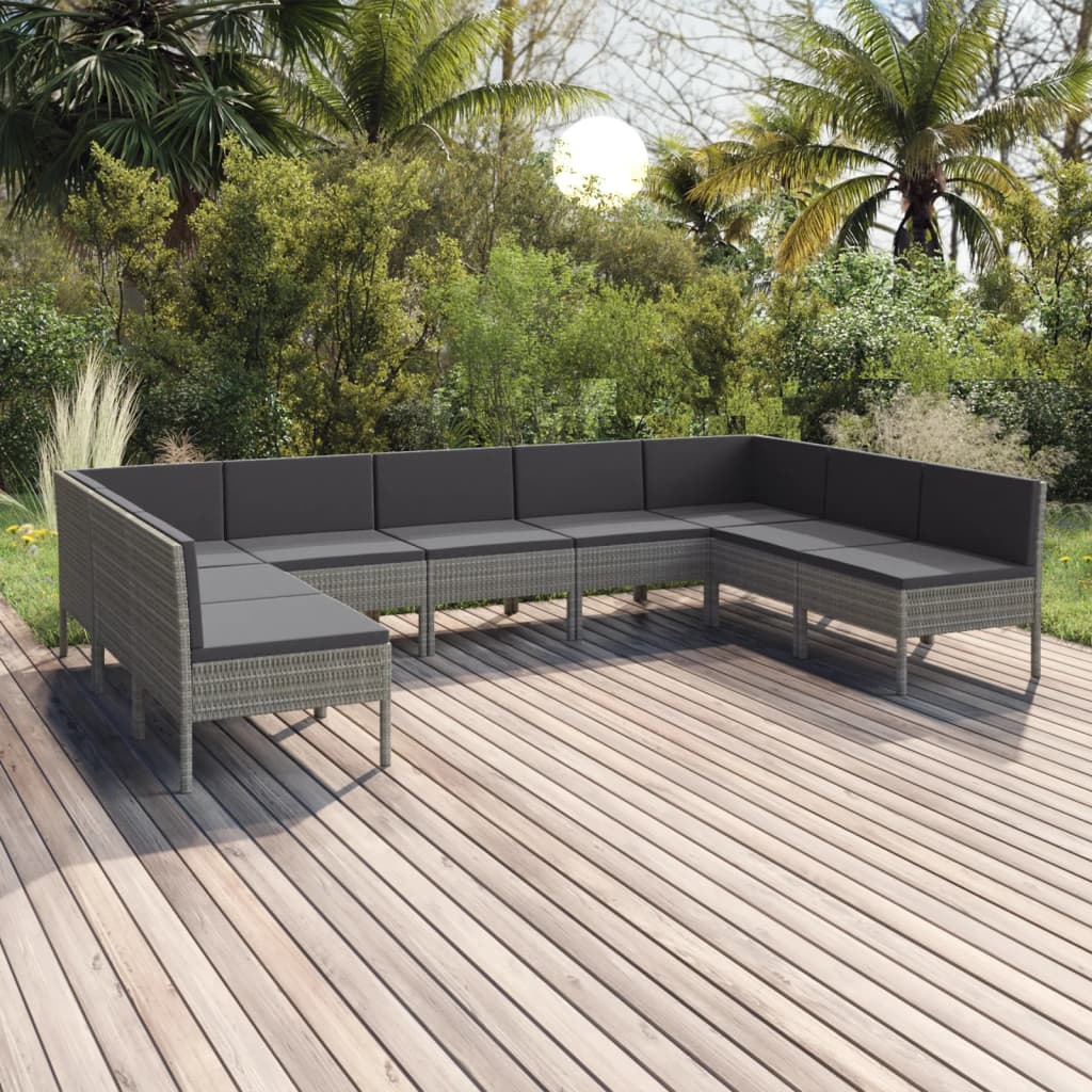 loungesæt til haven 9 dele med hynder polyrattan grå