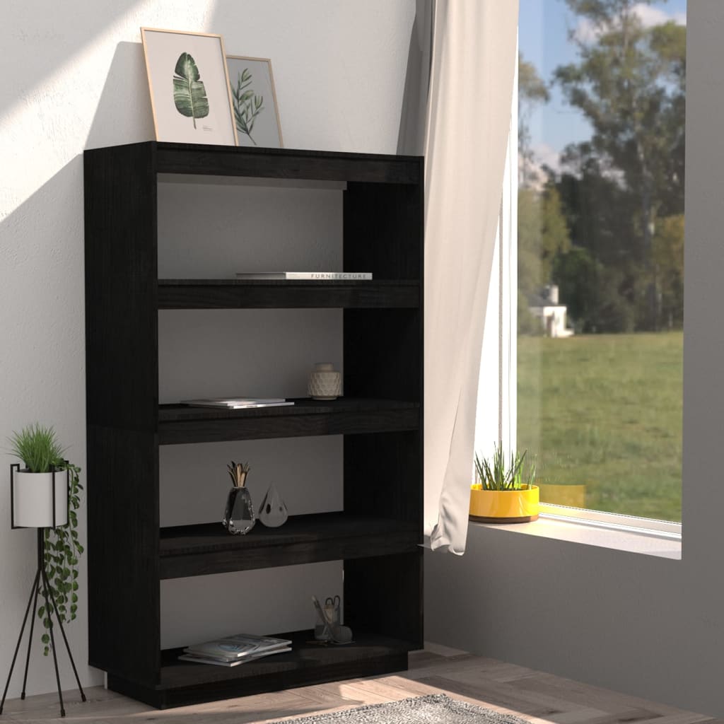 bogreol/rumdeler 80x35x135 cm massivt fyrretræ sort
