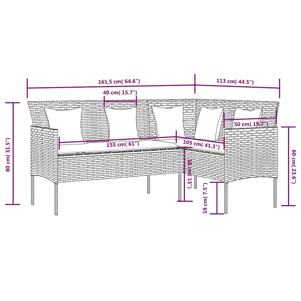 sofasæt med hynder 5 dele L-facon polyrattan sort