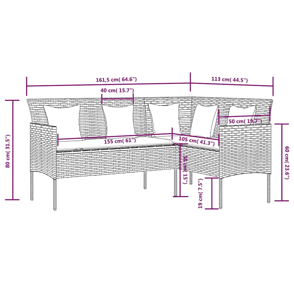 sofasæt med hynder 5 dele L-facon polyrattan grå