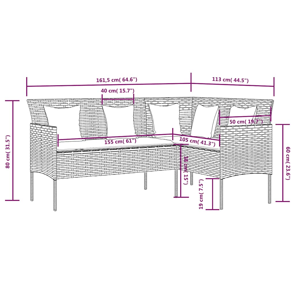 L-formet sofa med hynder polyrattan sort