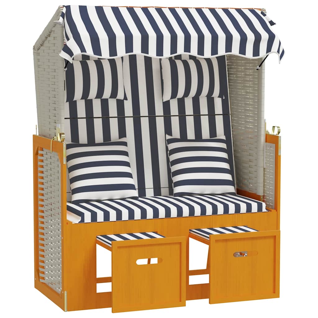 strandkurv med hynder polyrattan og massivt træ hvid og blå