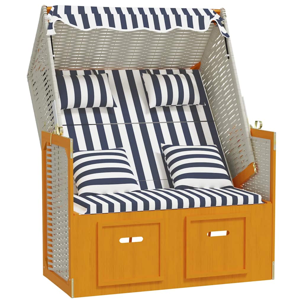 strandkurv med hynder polyrattan og massivt træ hvid og blå