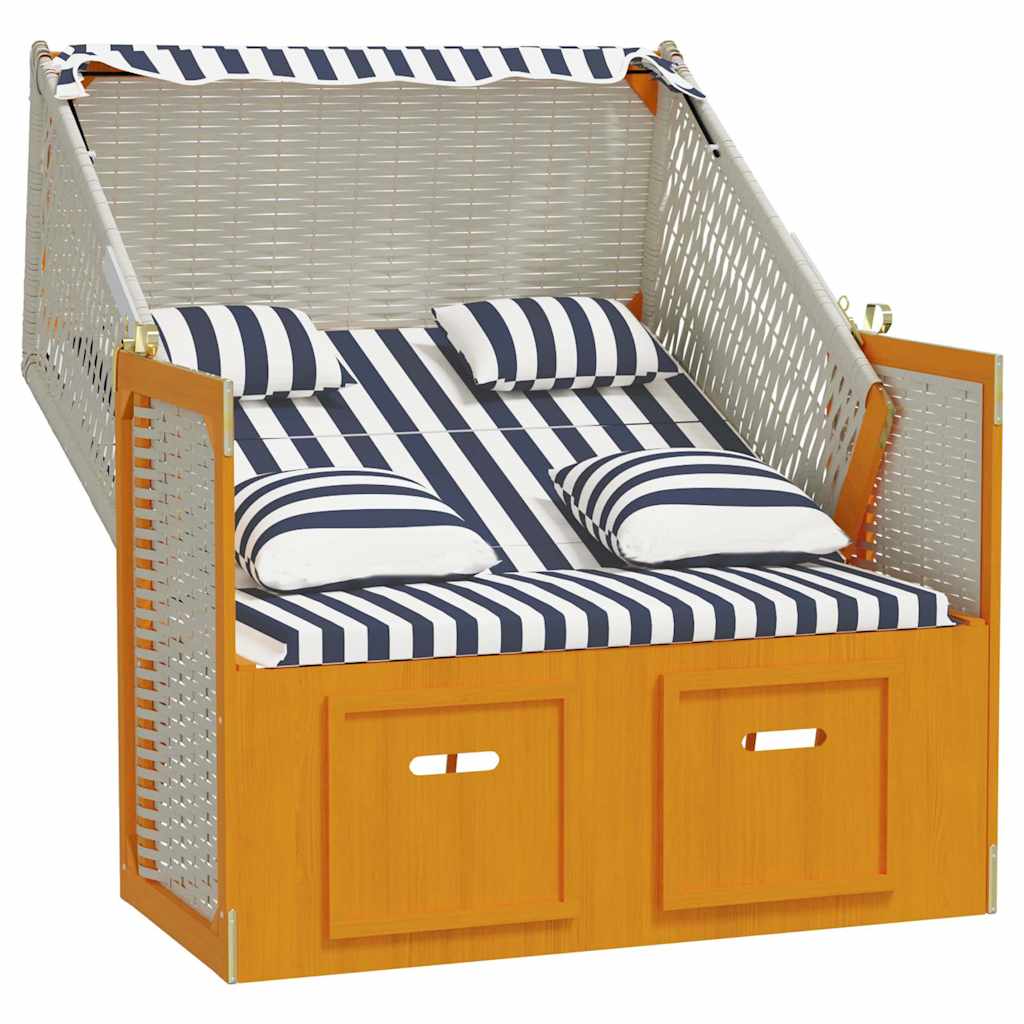 strandkurv med hynder polyrattan og massivt træ hvid og blå