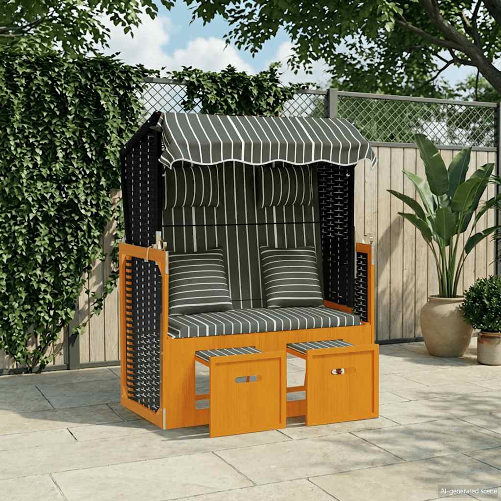 strandkurv med hynder polyrattan og massivt træ sort og grå