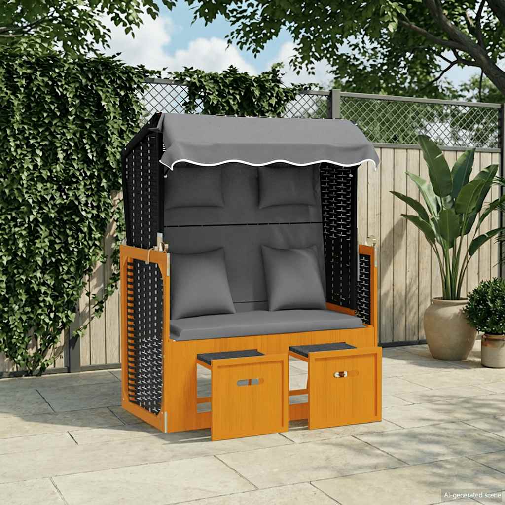strandkurv m. hynder polyrattan og massivt træ sort og antracit