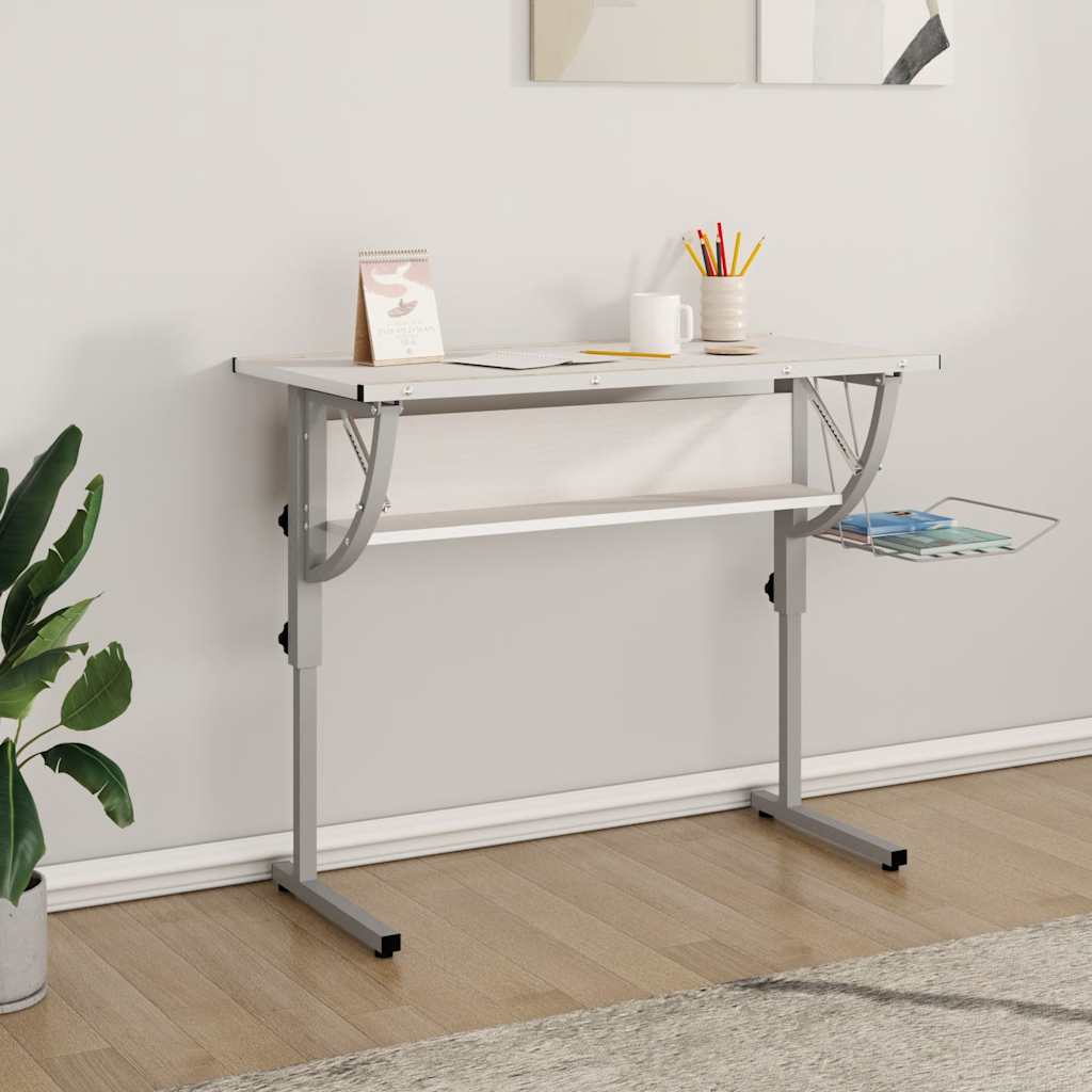skrivebord 110x53x(58-87) cm konstrueret træ og stål hvid grå