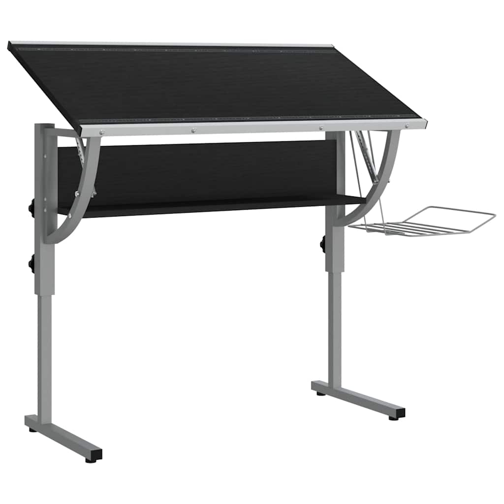skrivebord 110x53x(58-87) cm konstrueret træ og stål sort grå