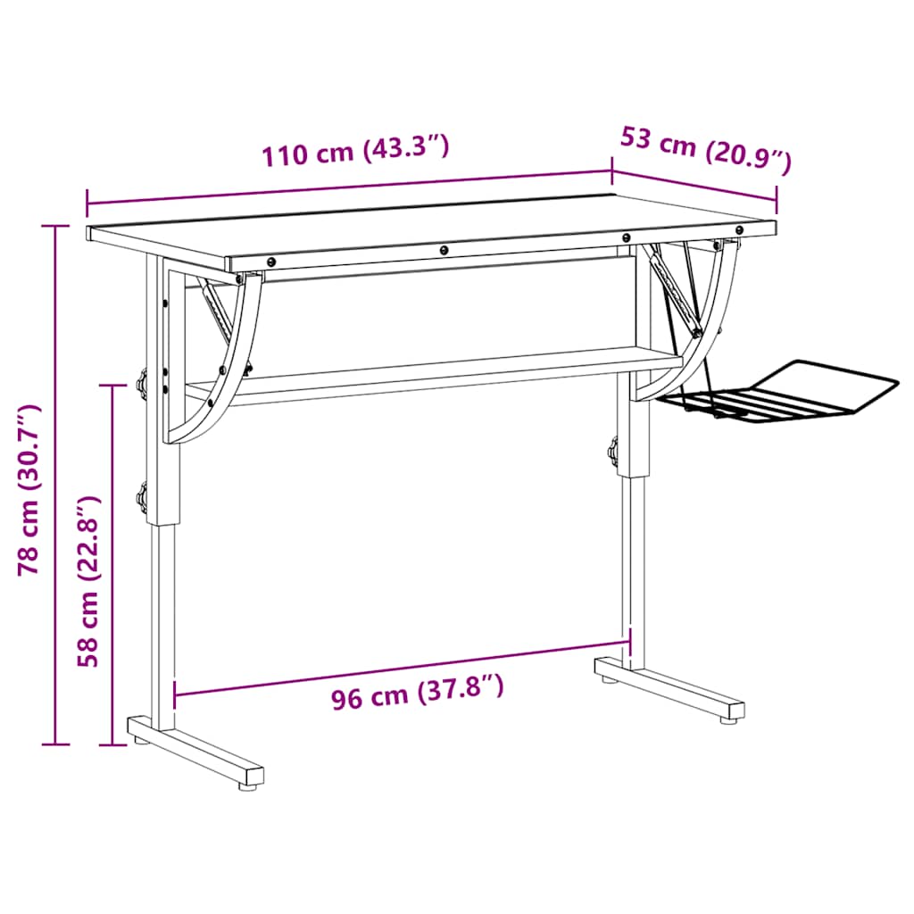 skrivebord 110x53x(58-87) cm konstrueret træ og stål sort grå