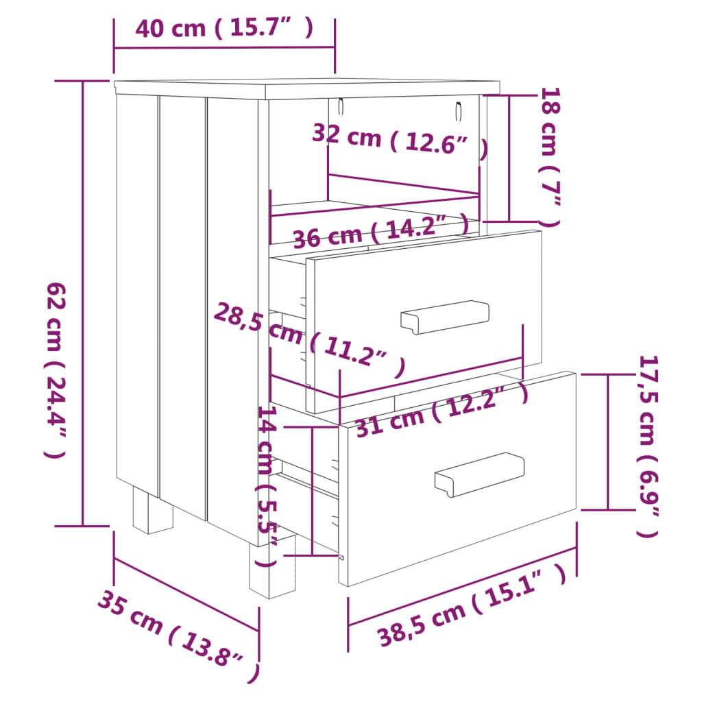 sengeskab HAMAR 2 stk. 40x35x62 cm fyrretræ honningfarvet