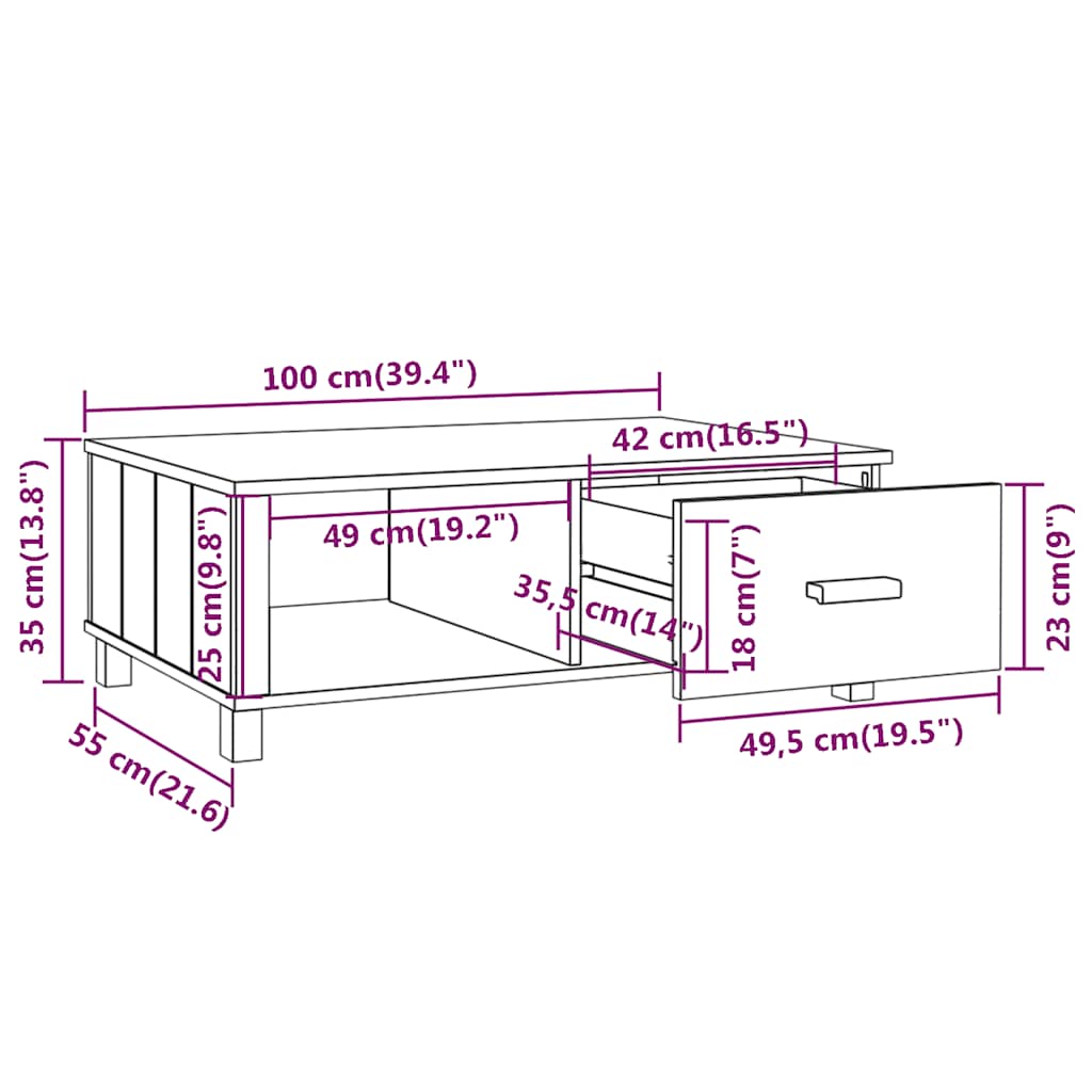 vidaXL sofabord HAMAR 100x55x35 cm massivt fyrretræ lysegrå