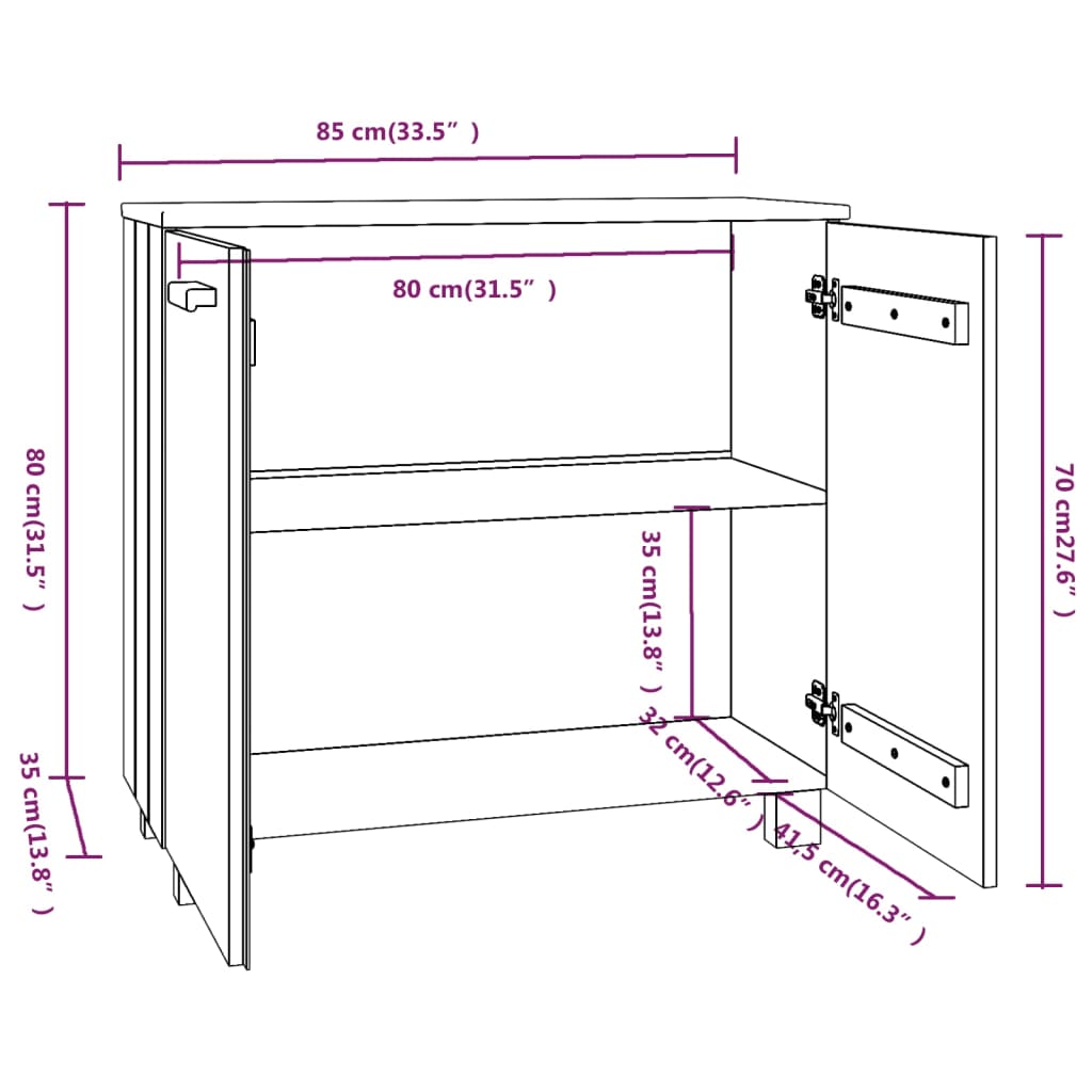 skænk HAMAR 85x35x80 cm massivt fyrretræ hvid