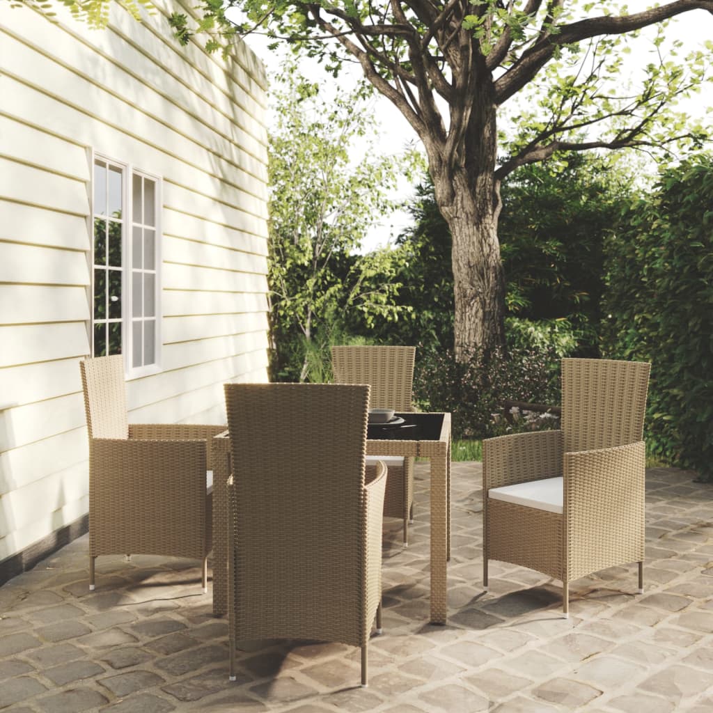udendørs spisebordssæt 5 dele med hynder polyrattan beige