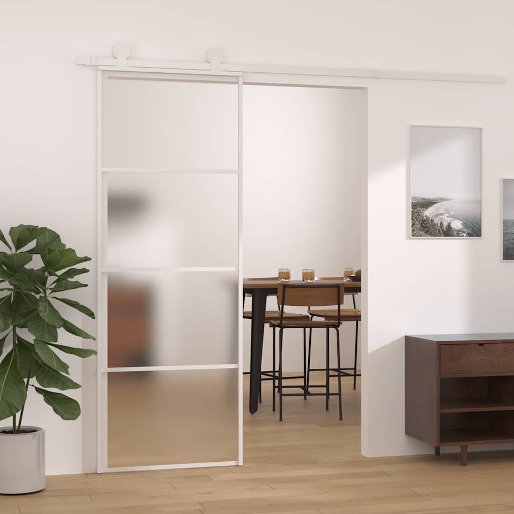 skydedør 76x205 cm hærdet matteret glas og aluminium hvid