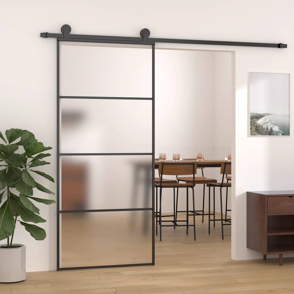 skydedør 90x205 cm hærdet matteret glas og aluminium sort