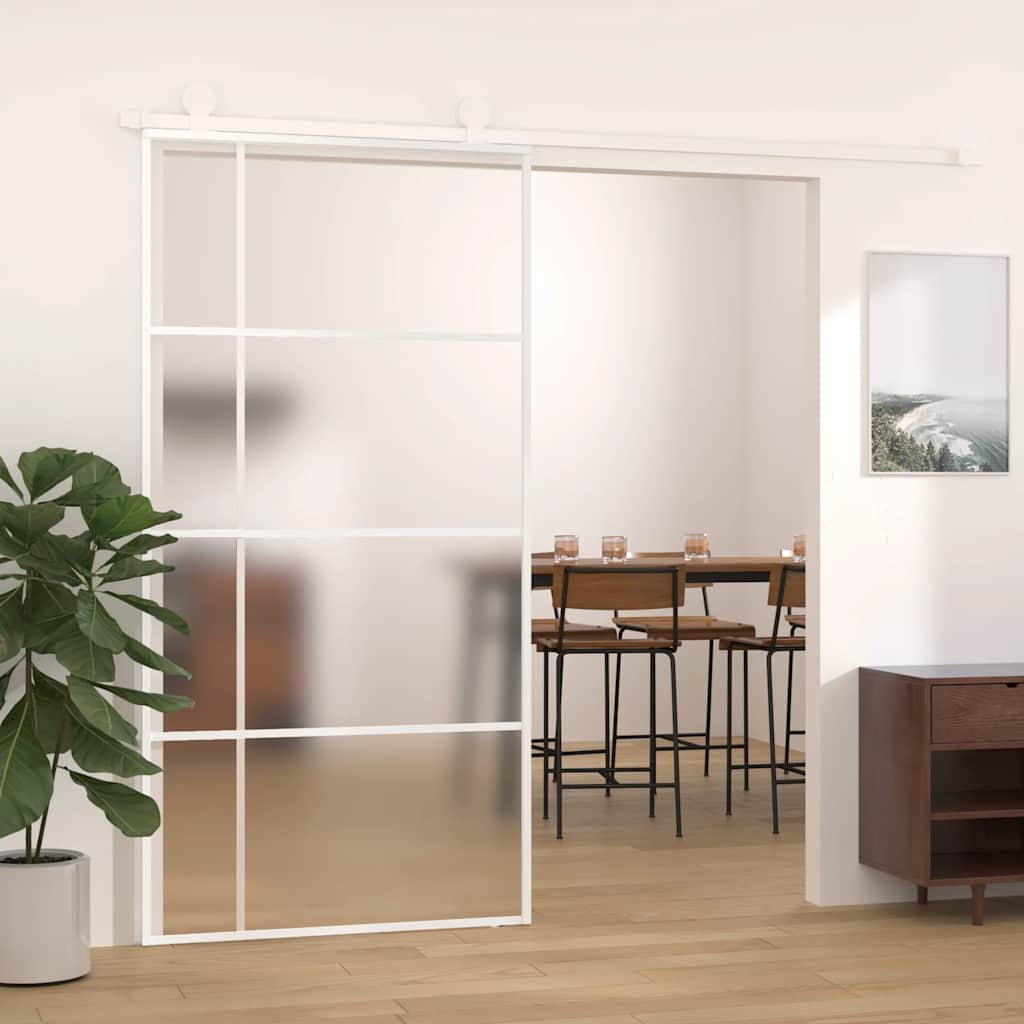 skydedør 102,5x205 cm hærdet matteret glas og aluminium hvid