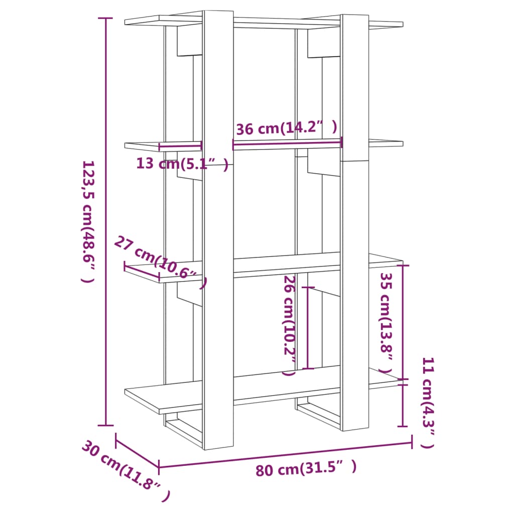 bogreol/rumdeler 80x30x123,5 cm grå sonoma-eg