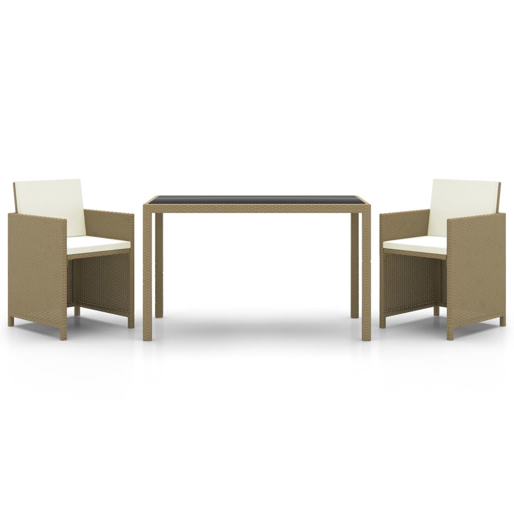 spisebordssæt til haven 3 dele med hynder polyrattan beige
