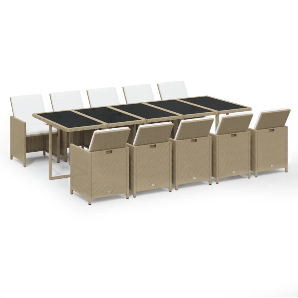 spisebordssæt til haven 11 dele med hynder polyrattan beige