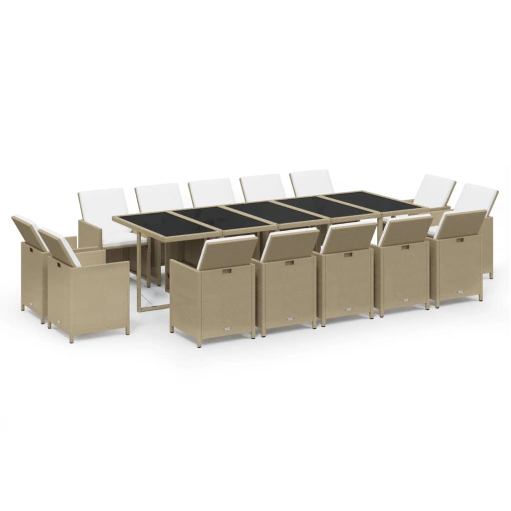 spisebordssæt til haven 15 dele med hynder polyrattan beige