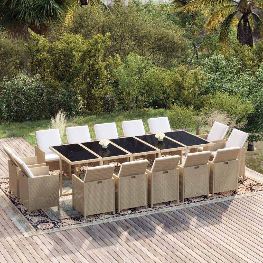 spisebordssæt til haven 15 dele med hynder polyrattan beige