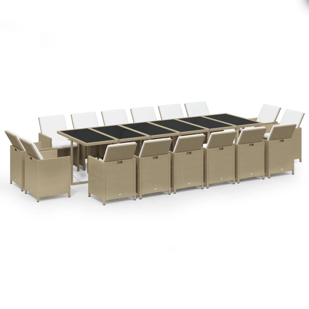 spisebordssæt til haven 17 dele med hynder polyrattan beige